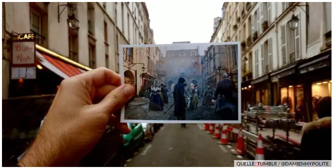 Рис. 3. Фотография парижской улицы, сопоставленная с ее двойником внутри игры Assassin's Creed Unity [2014].